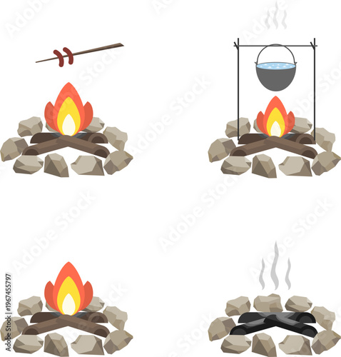 Campfire vector set, bonfire illustrations with cooking pot, sausages on stick and burnt wood coal.