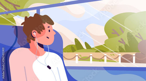 Young man with wired headphones traveling bus looking out the window