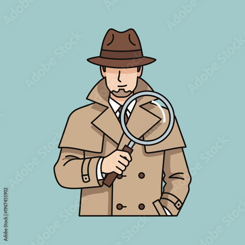 Detective in trench coat holding magnifying glass investigating crime scene.