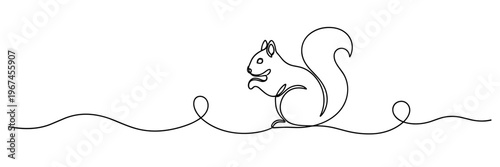Squirrel sitting nibbling on continuous line background, none editable strokes
