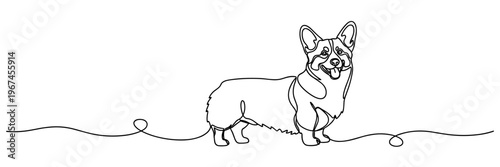Corgi standing on continuous line across white background, none editable strokes