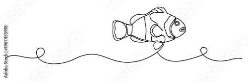Clown fish swimming in continuous line illustration on white, none editable strokes