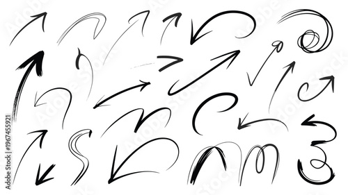 Black hand drawn arrows set collection of isolated vector design elements on white background sketch.