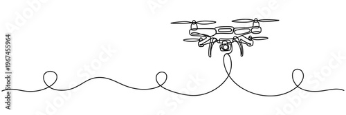 Quadcopter drone hovering with camera in simple line art, none editable strokes