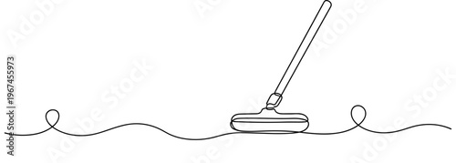 Mop leaning on continuous line on white background minimalist, none editable strokes