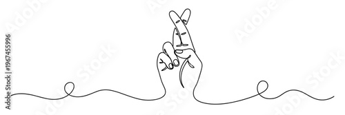 Hand with crossed fingers on continuous line minimal background, none editable strokes