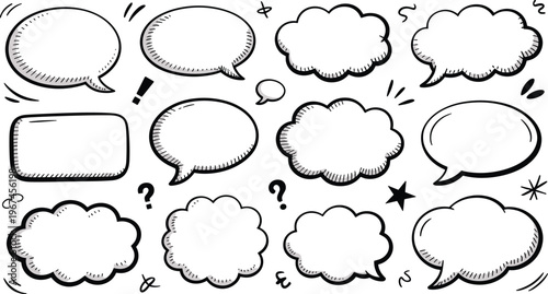 Cloud speech bubbles with hatched texture in doodle style set on transparent background for comics.