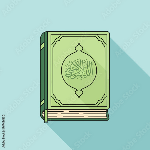 Islamic Holy Book A Detailed Illustration of the Quran in a Green Cover.