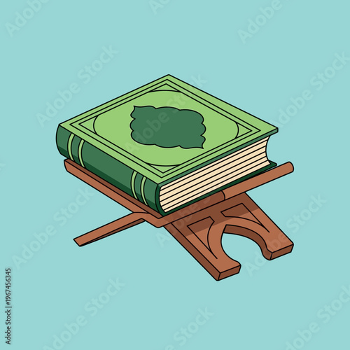 Islamic Holy Book on Wooden Stand Depicting Religious Practices.