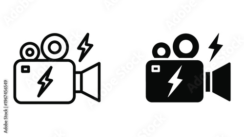 Contrast of vintage and modern video camera designs with lightning icons
