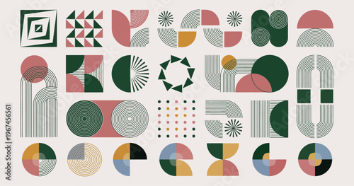Bauhaus inspired geometric shapes collection, abstract mid-century modern vector elements, minimalist aesthetic design set for branding and posters