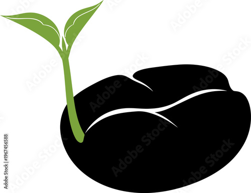 Black coffee bean with green sprout emerging, symbolizing growth and new beginnings, dark background