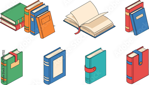 Collection of Colorful Books with Bindings, Open Pages, and Different Covers for Study, Library, and Education Themes
