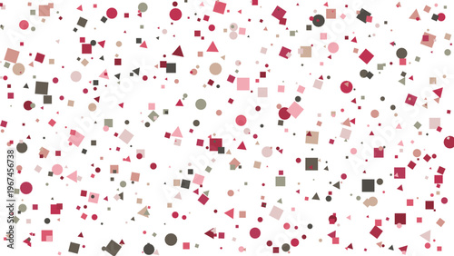 Abstract geometric confetti seamless pattern background, with scattered circles, squares, and triangles in elegant shades of red, pink, and muted green on a crisp white backdrop, ideal for