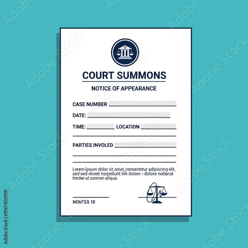 Court Summons Notice of Appearance Legal Document Official Form.
