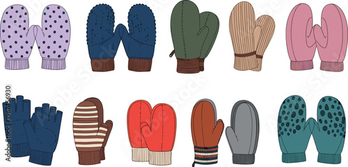 Collection of colorful winter gloves and mittens in diverse styles patterns and cozy designs