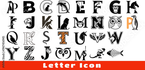 Letter icon alphabet set with animal silhouettes inside initial letter of each animal name illustration