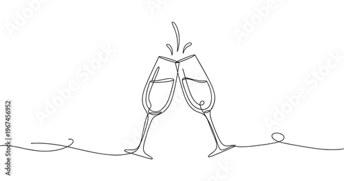 Minimalistic line art of champagne glasses clinking together in celebration. None editable stroke
