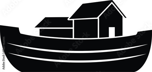 Minimal Black Silhouette Noah Ark on Waves Vector on White Background