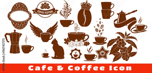 Set of coffee icons with brown silhouettes of cups beans pots and coffee branch for cafe branding and restaurant menu design