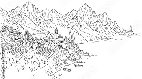 Vektorgrafik einer Küstenlandschaft in Italien mit Bergen, Dorf und Weinbergen