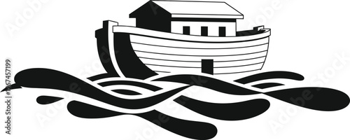 Biblical Noah Ark On Water Waves Outline Clean Minimal Illustration
