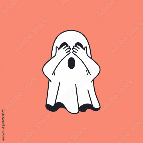 Cute ghost covering eyes with hands expressing surprise and fear.