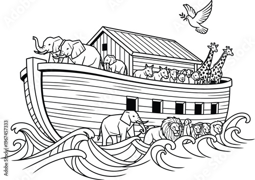 Noah Ark Floating on Ocean Waves outline Minimal Black and White Vector Art