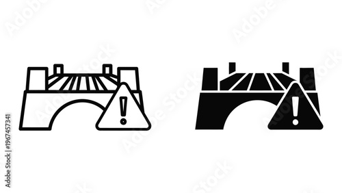 Comparison of pedestrian bridge designs with caution signs at the entrance