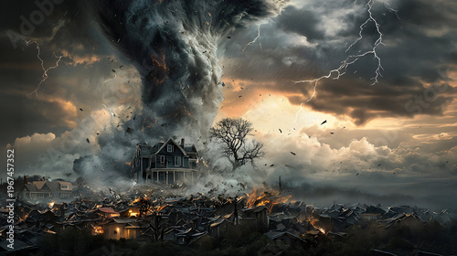 A family house being lifted by a tornado during a devastating storm, with swirling clouds, rain, and lightning capturing nature's chaotic power in vivid detail.