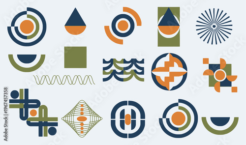 Bauhaus style geometric shapes collection, mid-century modern abstract icons set, minimalist vector design elements in earth tones