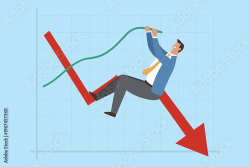 Businessman struggles to climb a declining financial graph with effort