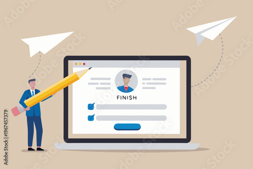 Completing a profile online a man draws a finishing line on a laptop