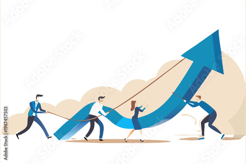 Teamwork propelling a large upward trending arrow symbolizing growth and success