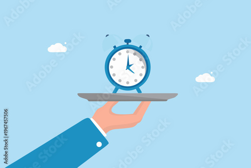 A blue alarm clock is presented on a silver platter by a hand