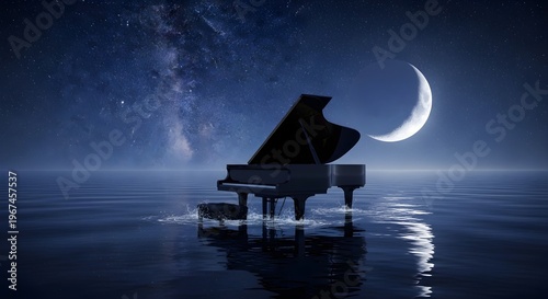 Surreal Grand Piano on Calm Water under Starry Night Sky and Crescent Moon