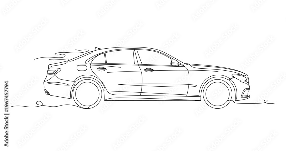 Fototapeta premium Sedan car driving profile on flat road outline. No editable stroke