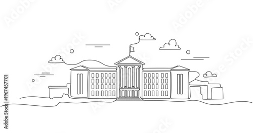 Government building classical facade centered in landscape line art. No editable stroke