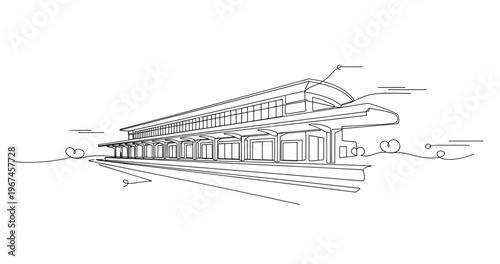 Modern train station platform with canopy and tracks and empty boarding bays. No editable stroke