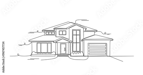 Suburban two story house exterior in line drawing plan. No editable stroke