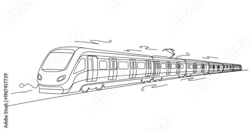 Modern commuter train traveling along track in perspective. No editable stroke
