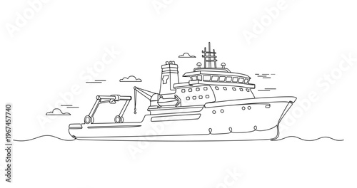 Research vessel cruising on calm sea horizon with deck equipment. No editable stroke
