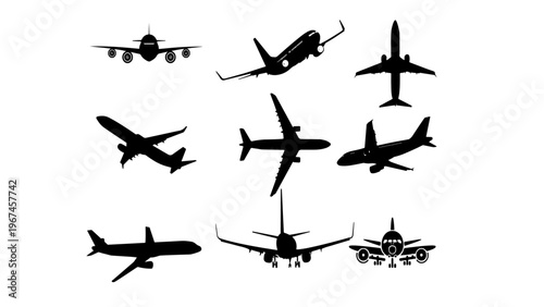 Black airplane silhouette against a white backdrop.front view,side,view,and top view,a vector illustration 
