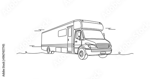 Delivery truck positioned on road with cargo trailer. No editable stroke