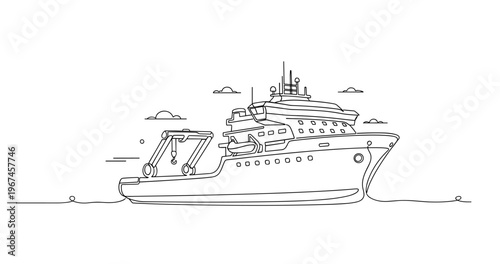Research vessel cruising on calm ocean near horizon. No editable stroke