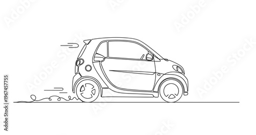 Compact city car accelerating on road line drawing with motion. No editable stroke