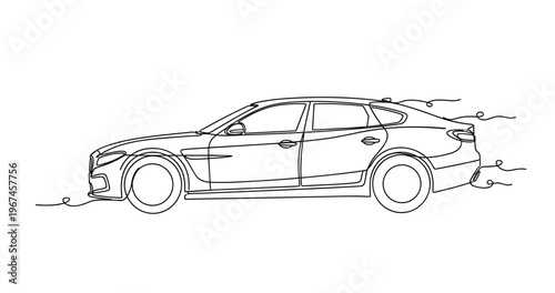 Modern sedan car driving smoothly along open highway landscape. No editable stroke