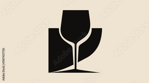 Black silhouette of a wine glass, abstractly framed against a beige background, minimalist design