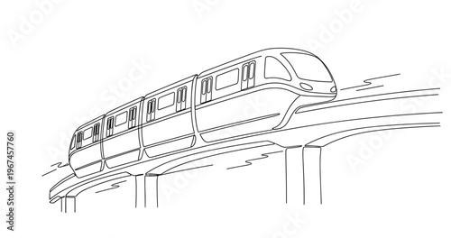 Monorail train traveling on elevated track in line drawing. No editable stroke