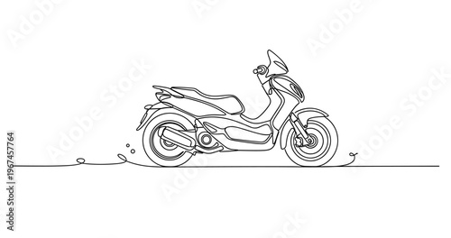 Motor scooter parked stationary on minimalist line drawing. No editable stroke